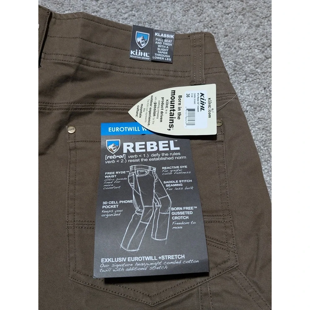 KUHL Rebel Pants Mens 36x32 Dark Khaki Eurotwill Stretch Klassik Fit Hiking Work